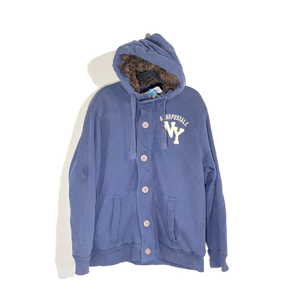 Y2K Aeropostale NY Hoodie Sweatshirt Jacket Blue XL Fur Grunge Skater Retro 80s